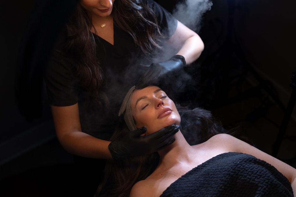 the hue signature facial Client receiving a Hue Signature Facial at Hue Aesthetics in Louisville, KY, and Bellevue, OH, for a customized skincare experience.